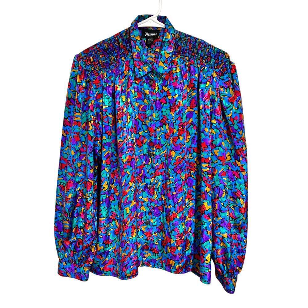 Vintage 90's Blouse Bright Colorful Long Sleeve Button Down Dress Shirt 14 Large